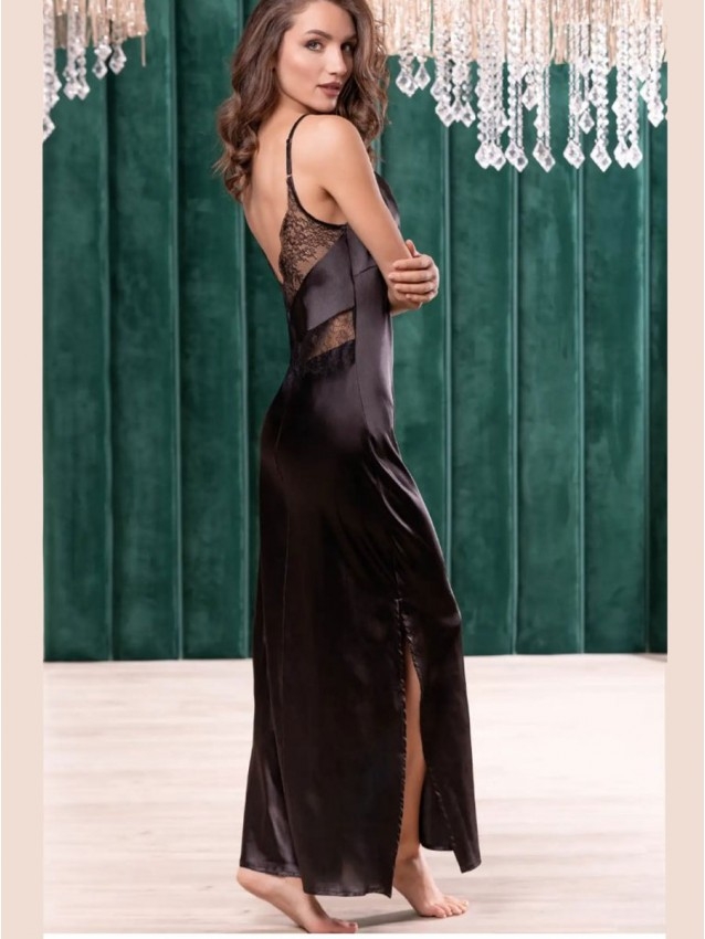 Дълга нощница с тънки презрамки от сатен и дантела Love and Bra 100751, DOLCE VITA, черен Дълга нощница с тънки презрамки от сатен и дантела Love and Bra 100751, DOLCE VITA, черен - Дамско бельо
